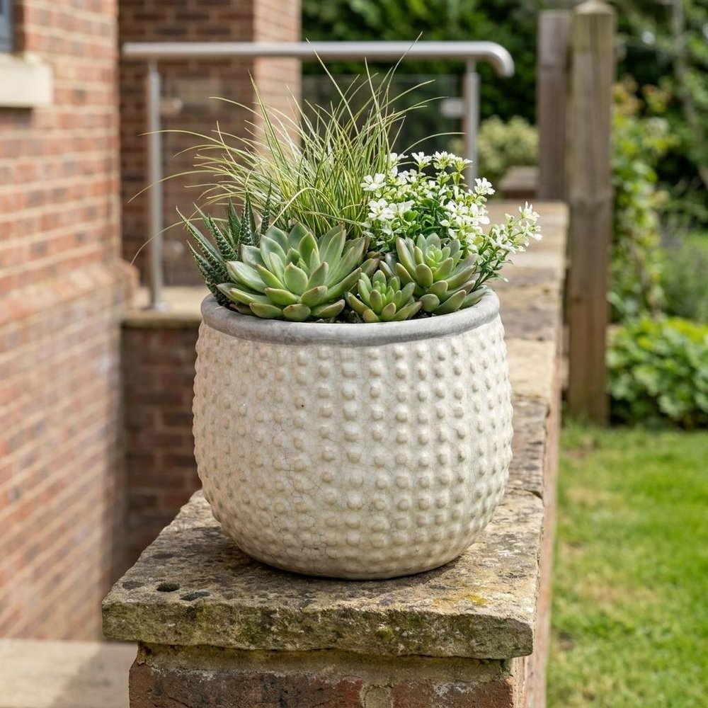 6" Beige Dot Ceramic Indoor Outdoor Round Pot Planter