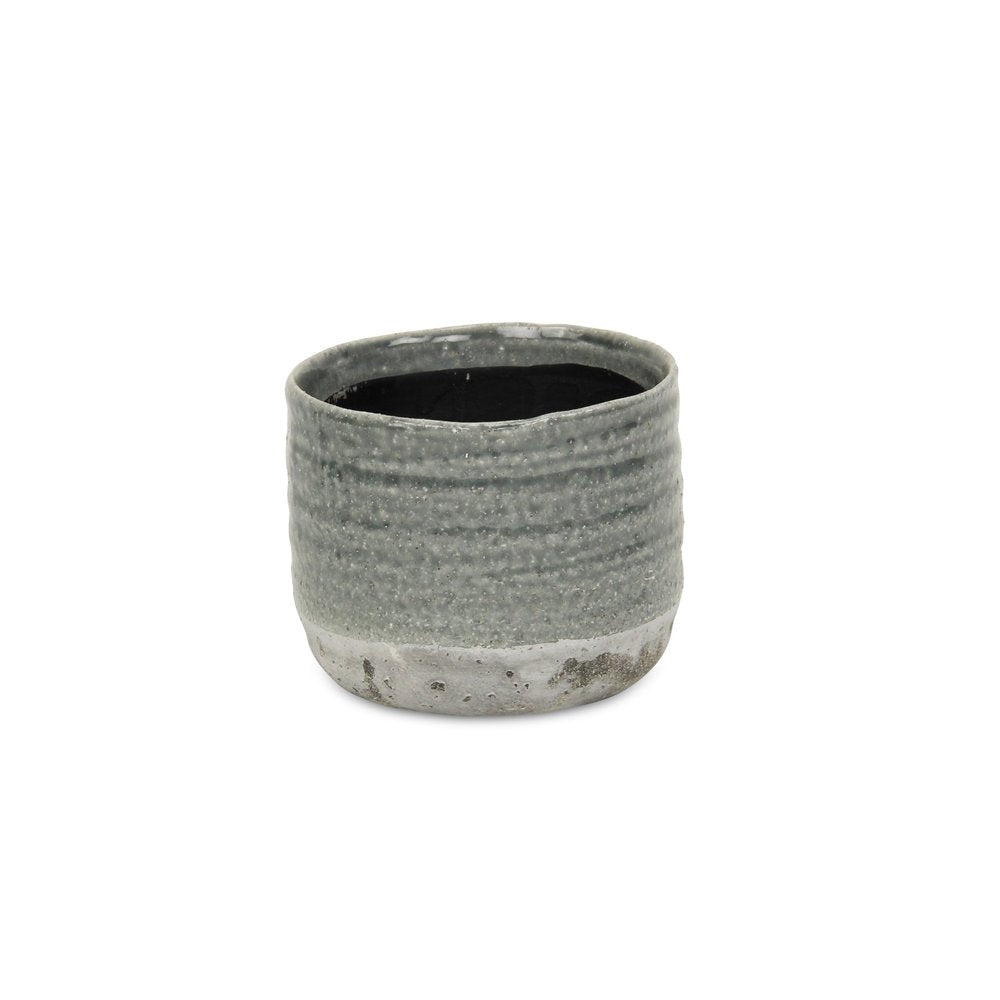 Gray Ceramic 19 Ounce Two Toned Round Distressed Pot Planter on a white background