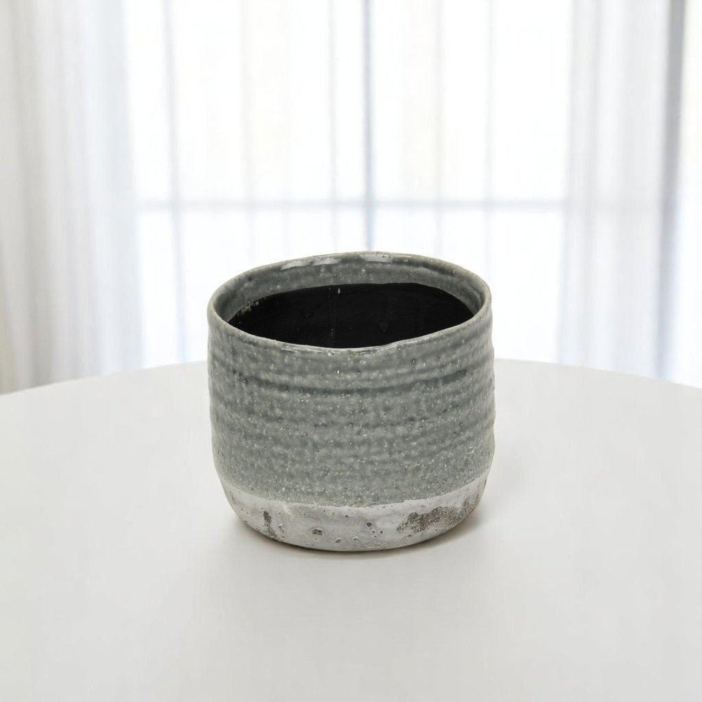 Gray Ceramic 19 Ounce Two Toned Round Distressed Pot Planter on a white background