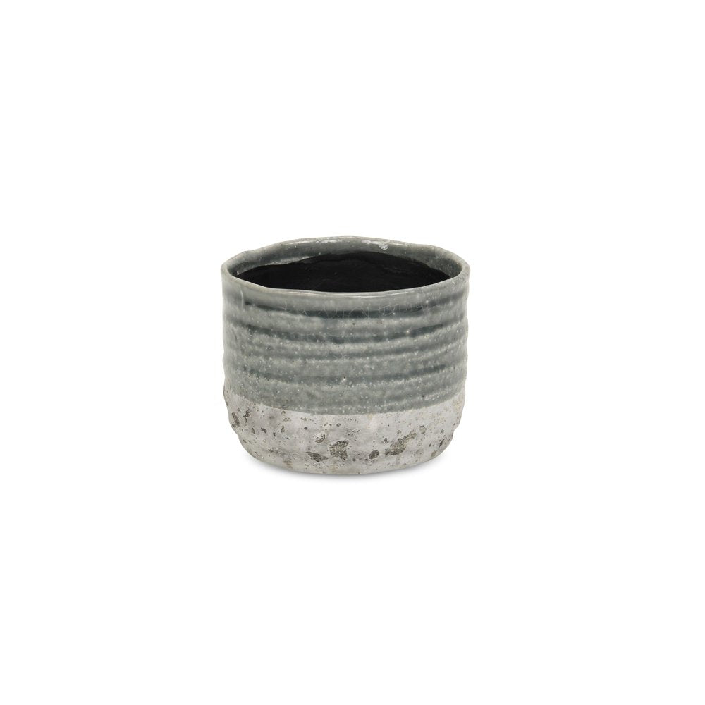 Gray Ceramic 36 Ounce Two Toned Round Distressed Pot Planter on a white background