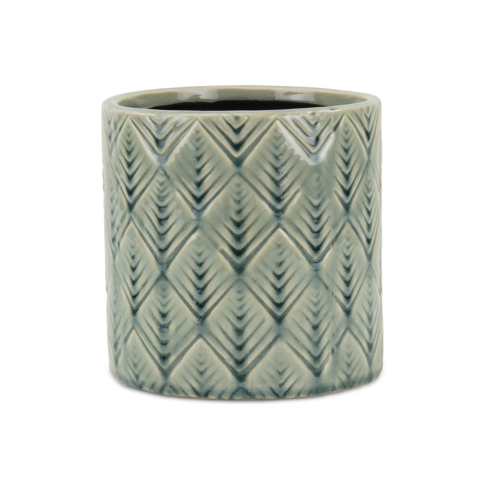 6" Green Geometric Ceramic Indoor Outdoor Round Pot Planter. Outdoor planter isolated on a plain white background, in a green ceramic finish.