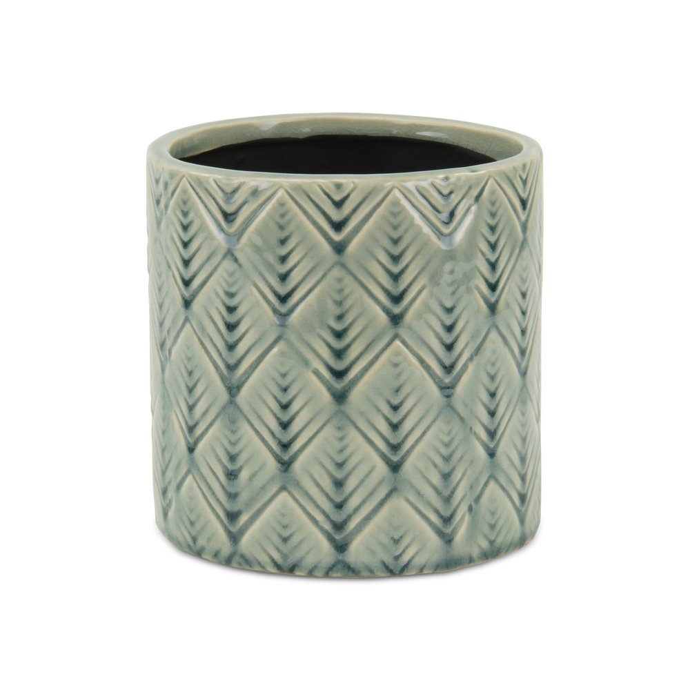 6" Green Geometric Ceramic Indoor Outdoor Round Pot Planter. Outdoor planter isolated on a plain white background, finished in green ceramic.