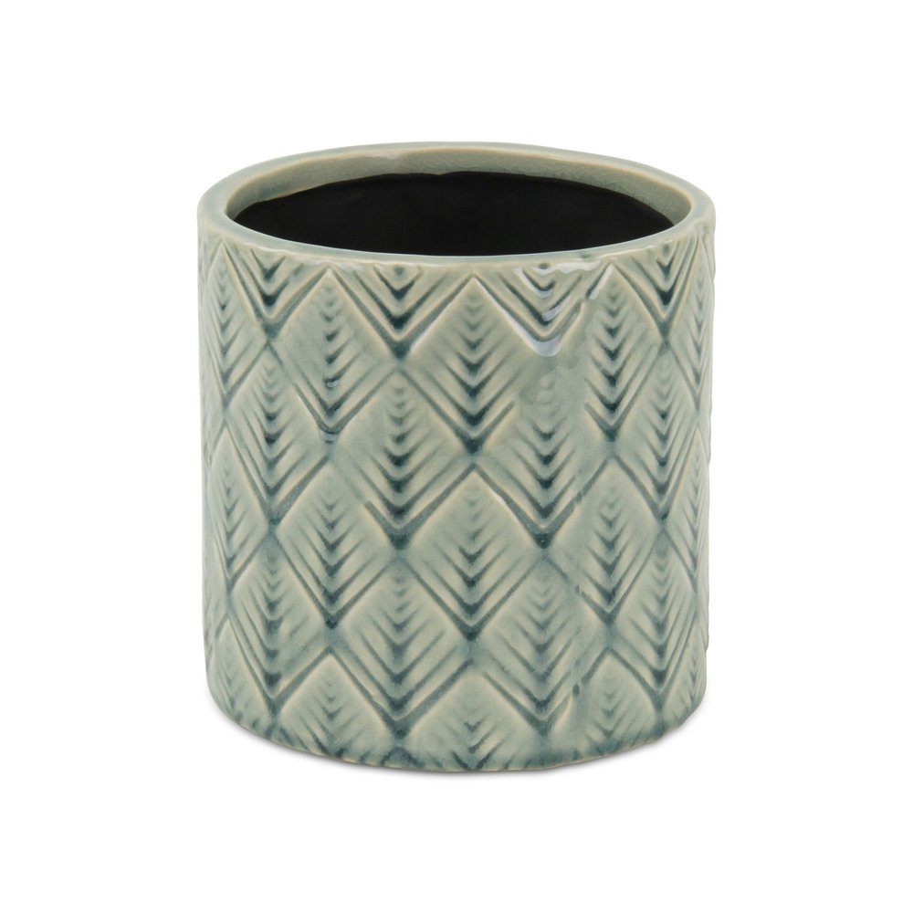 6" Green Geometric Ceramic Indoor Outdoor Round Pot Planter. Outdoor planter isolated on a plain white background, in a green ceramic finish.