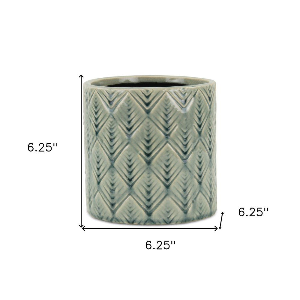 6" Green Geometric Ceramic Indoor Outdoor Round Pot Planter. Outdoor planter isolated on a plain white background, finished in green ceramic.