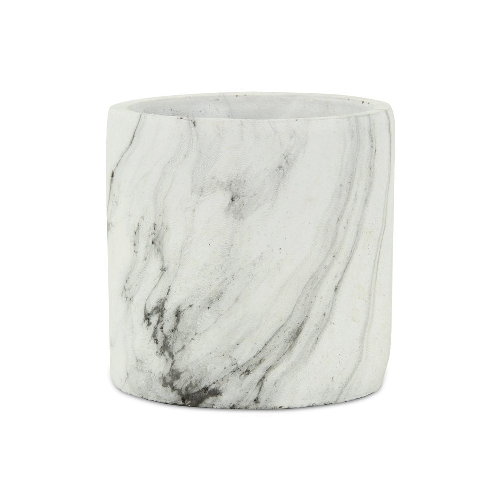 6" White and Gray Marbleized Ceramic Indoor Outdoor Round Pot Planter. Outdoor planter isolated on a plain white background, finished in white ceramic.