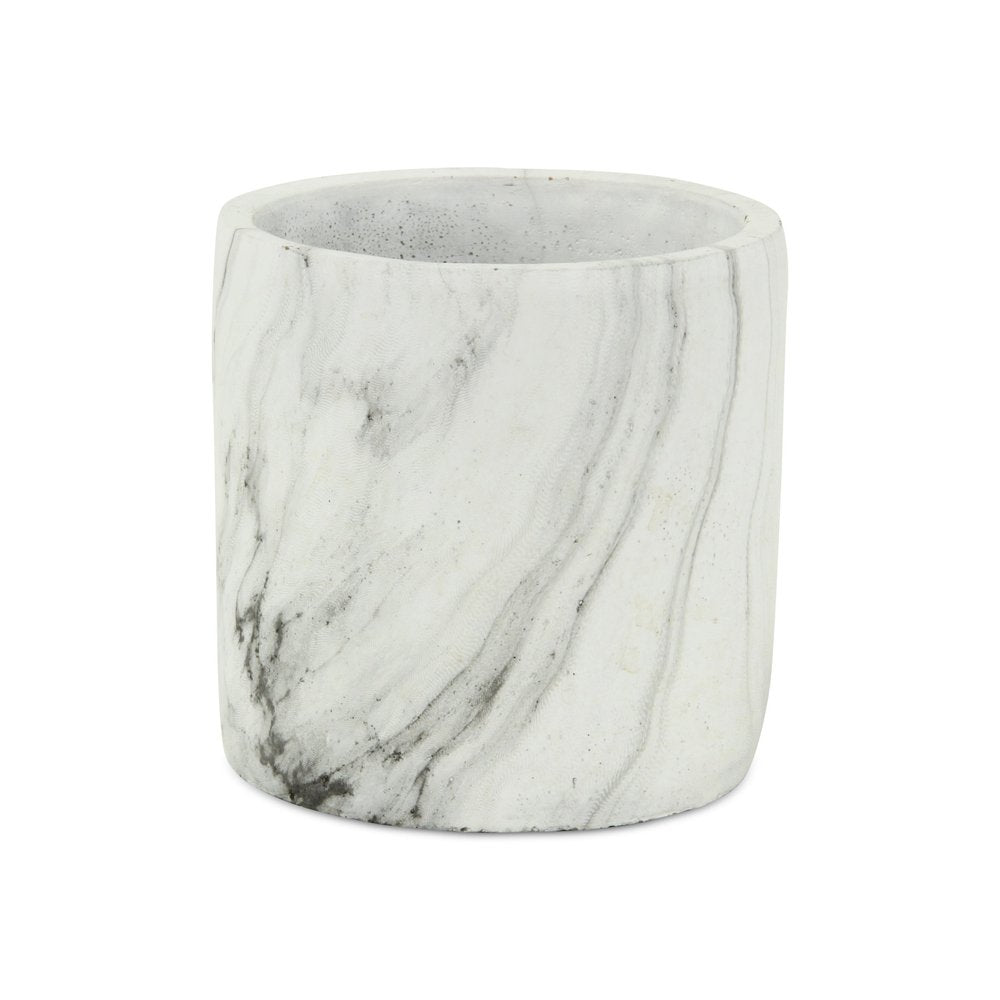 6" White and Gray Marbleized Ceramic Indoor Outdoor Round Pot Planter. Outdoor planter isolated on a plain white background, showing a white ceramic surface.
