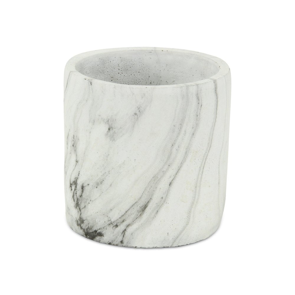6" White and Gray Marbleized Ceramic Indoor Outdoor Round Pot Planter. Outdoor planter isolated on a plain white background, in a white ceramic finish.