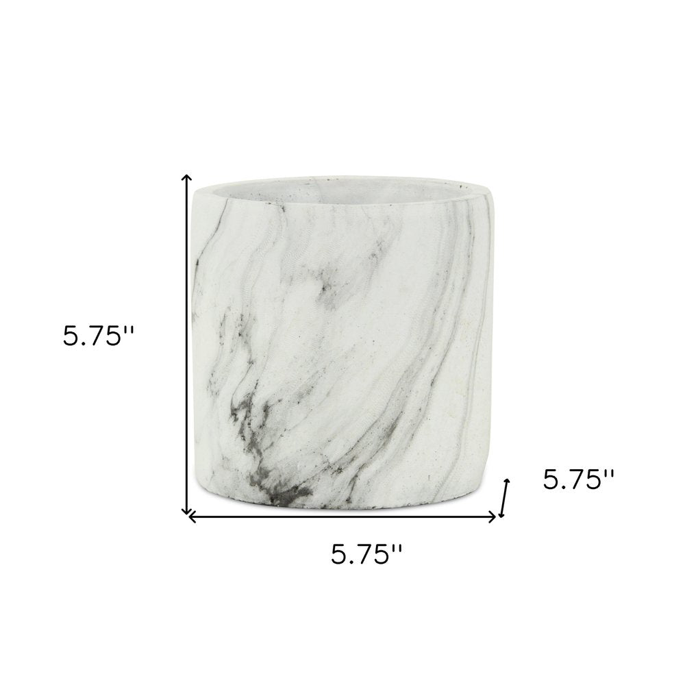 6" White and Gray Marbleized Ceramic Indoor Outdoor Round Pot Planter. Outdoor planter isolated on a plain white background, in a white ceramic finish.
