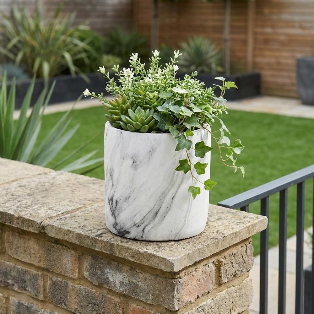 6" White and Gray Marbleized Ceramic Indoor Outdoor Round Pot Planter