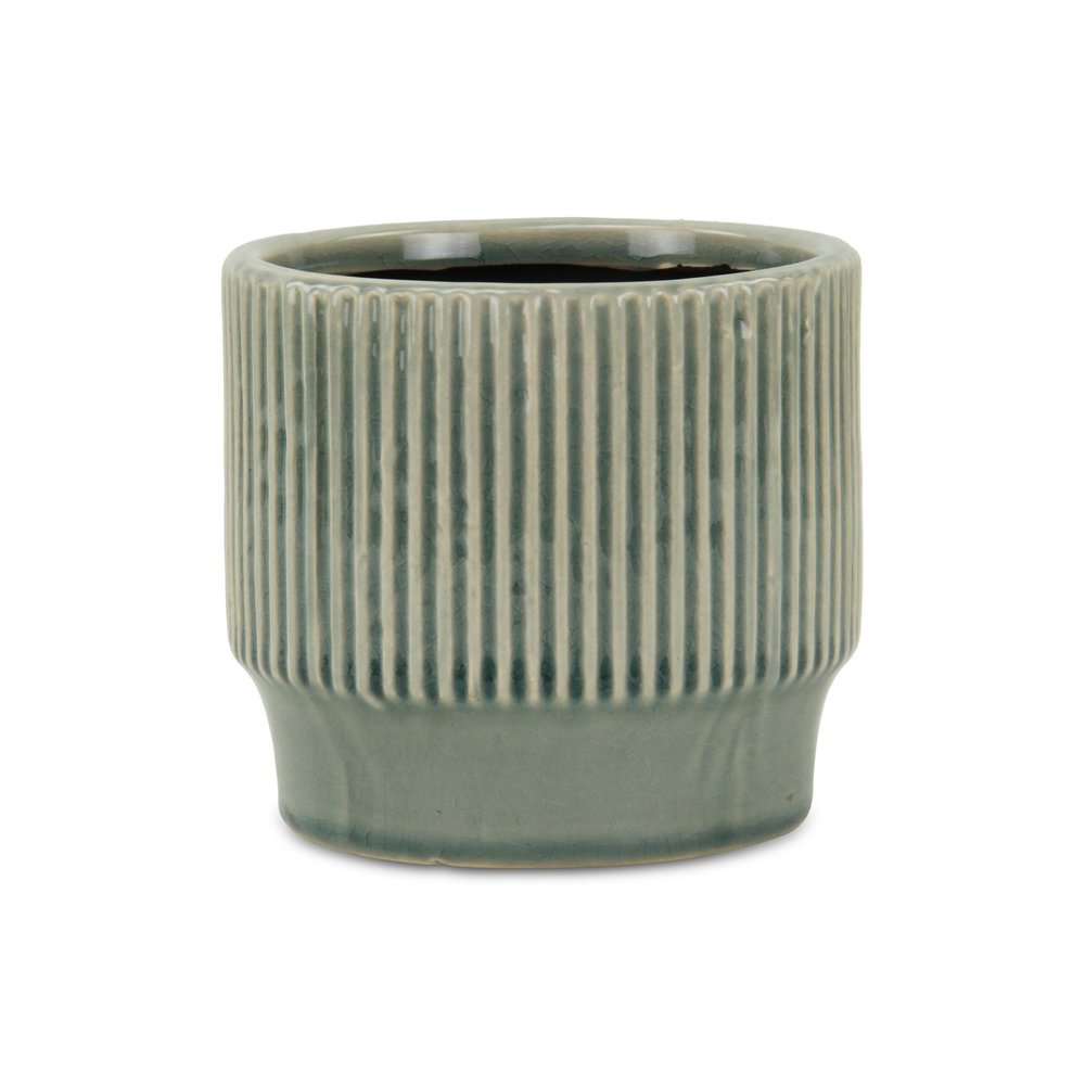 Green Ceramic 41 Ounce Striped Round Distressed Pot Planter