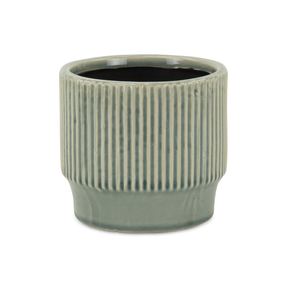 Green Ceramic 41 Ounce Striped Round Distressed Pot Planter on a white background