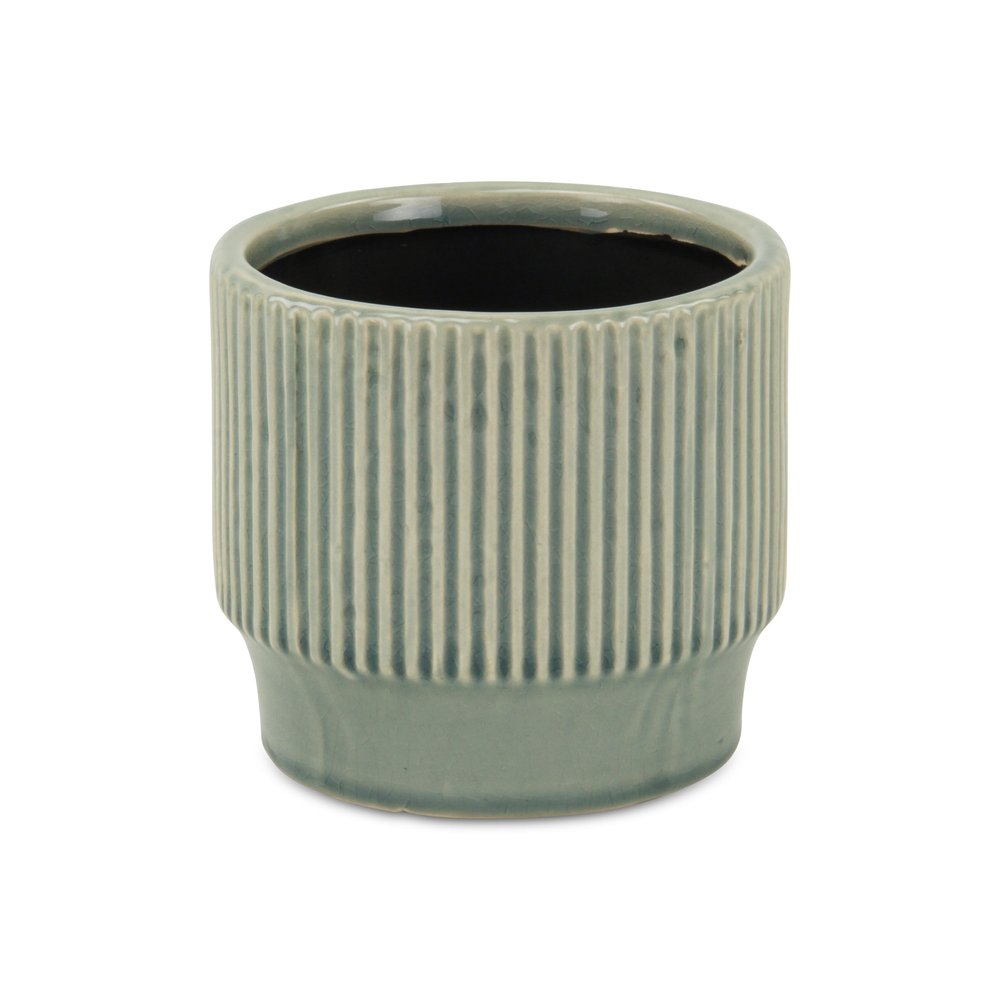 Green Ceramic 41 Ounce Striped Round Distressed Pot Planter on a white background