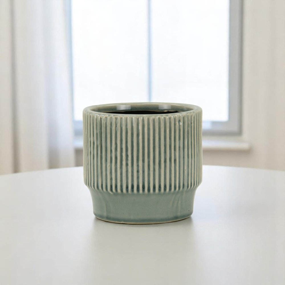 Green Ceramic 41 Ounce Striped Round Distressed Pot Planter