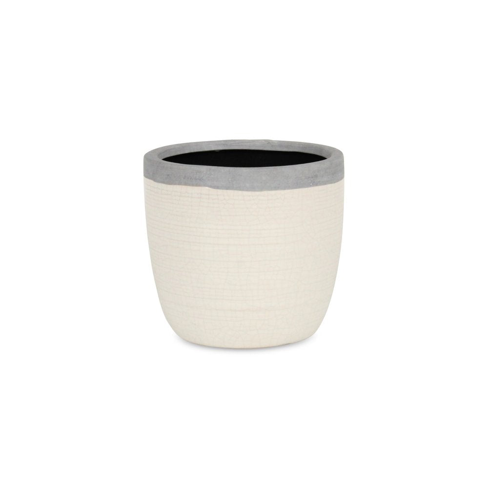 6" Cream and Gray Crackle Glaze Ceramic Indoor Outdoor Round Pot Planter. Outdoor planter isolated on a plain white background, showing a cream ceramic surface.