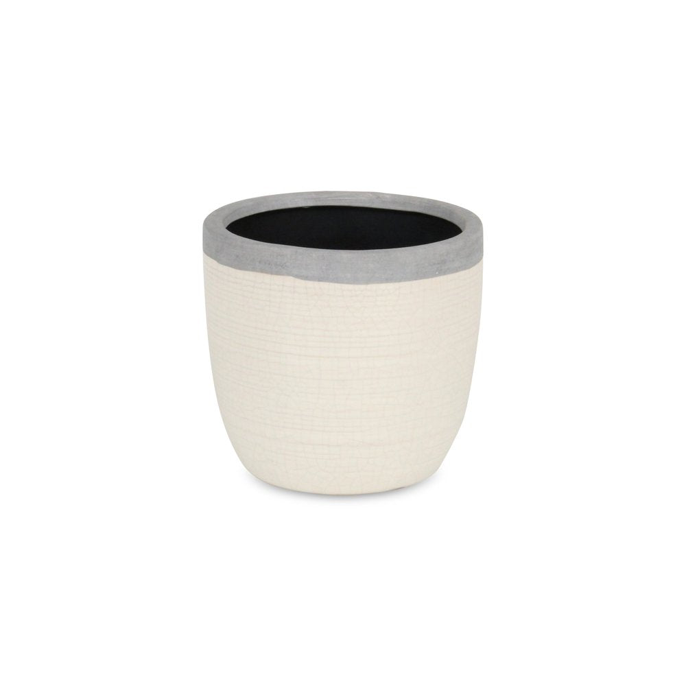 6" Cream and Gray Crackle Glaze Ceramic Indoor Outdoor Round Pot Planter. Outdoor planter isolated on a plain white background, finished in cream ceramic.