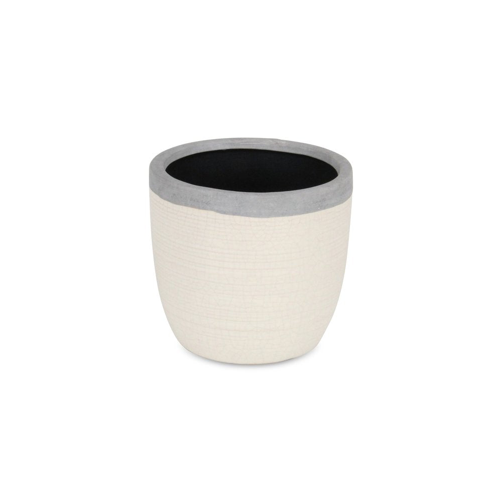 6" Cream and Gray Crackle Glaze Ceramic Indoor Outdoor Round Pot Planter. Outdoor planter isolated on a plain white background, showing a cream ceramic surface.