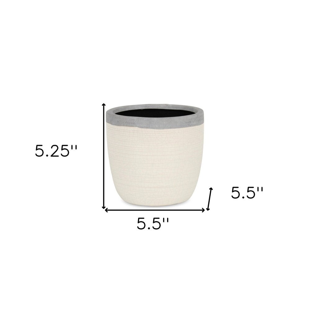 6" Cream and Gray Crackle Glaze Ceramic Indoor Outdoor Round Pot Planter. Outdoor planter isolated on a plain white background, in a cream ceramic finish.