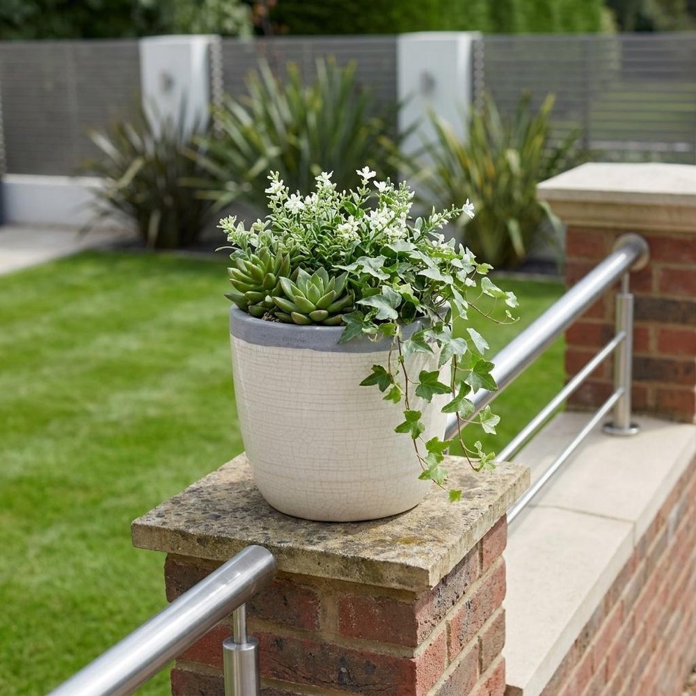6" Cream and Gray Crackle Glaze Ceramic Indoor Outdoor Round Pot Planter