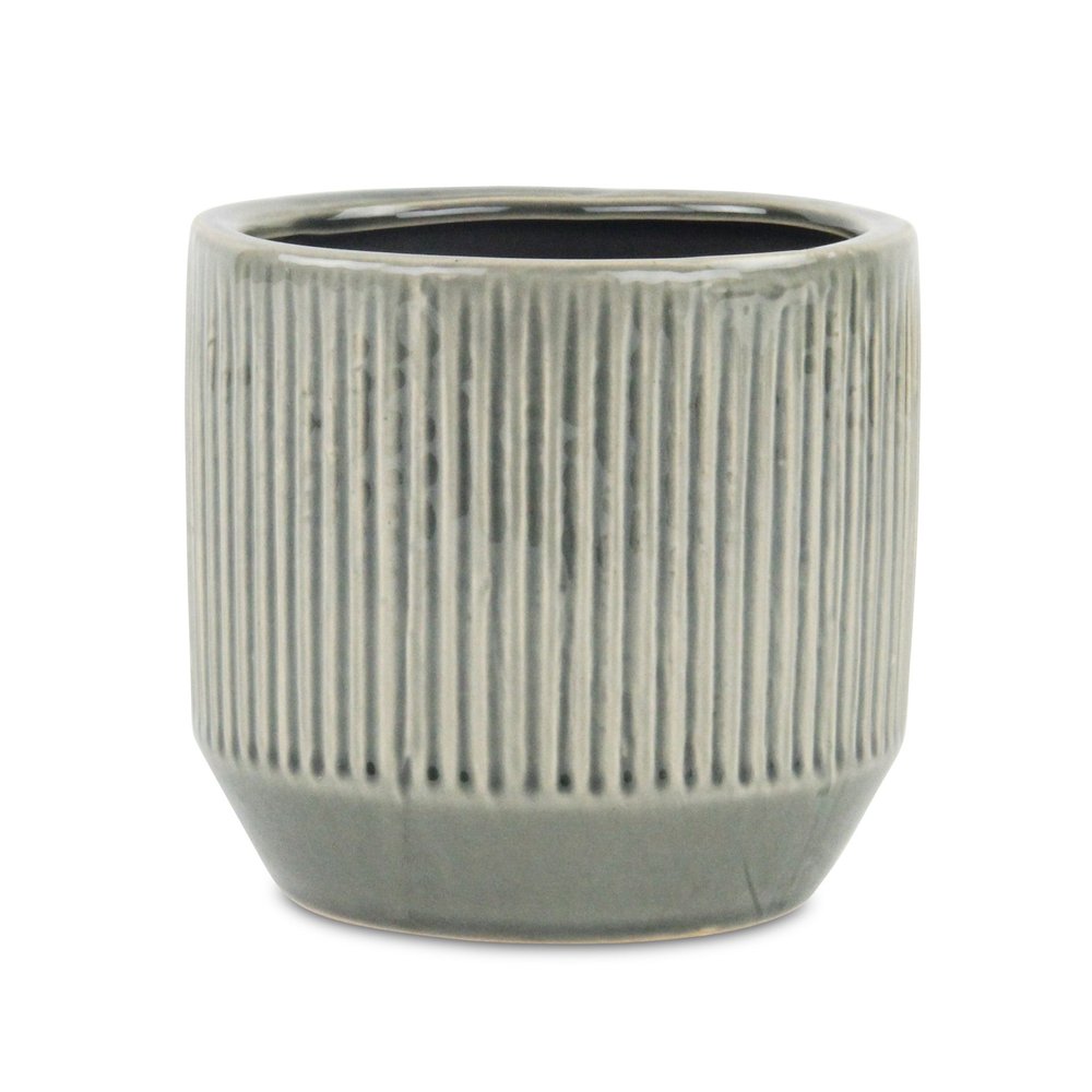 6" Gray Striped Ceramic Indoor Outdoor Round Pot Planter. Outdoor planter isolated on a plain white background, showing a gray ceramic surface.