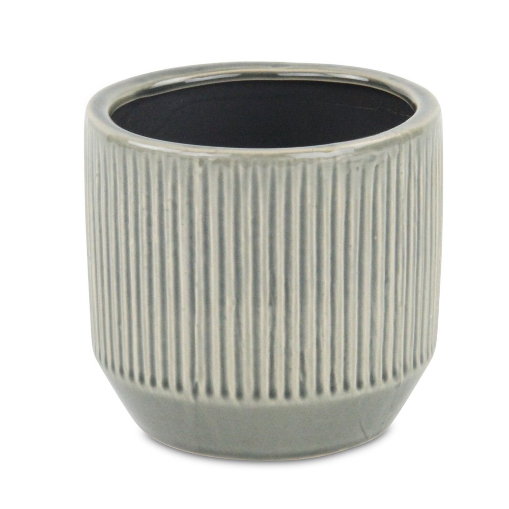 6" Gray Striped Ceramic Indoor Outdoor Round Pot Planter. Outdoor planter isolated on a plain white background, finished in gray ceramic.