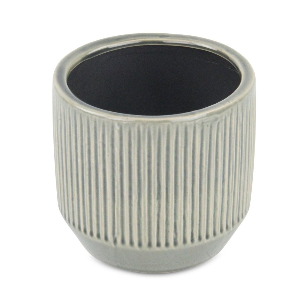 6" Gray Striped Ceramic Indoor Outdoor Round Pot Planter. Outdoor planter isolated on a plain white background, showing a gray ceramic surface.