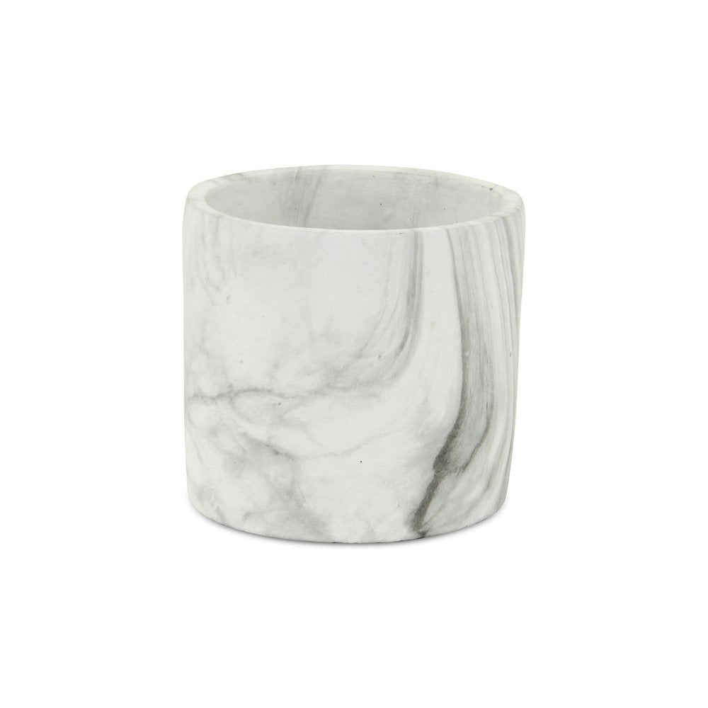 6" White and Gray Marbleized Ceramic Indoor Outdoor Round Pot Planter - 5.5" H x 5.5" W x 5.5" D. Outdoor planter isolated on a plain white background, showing a white ceramic surface.