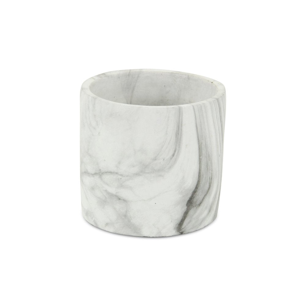 6" White and Gray Marbleized Ceramic Indoor Outdoor Round Pot Planter - 5.5" H x 5.5" W x 5.5" D. Outdoor planter isolated on a plain white background, in a white ceramic finish.