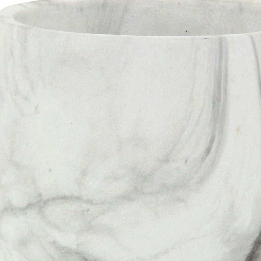 6" White and Gray Marbleized Ceramic Indoor Outdoor Round Pot Planter - 5.5" H x 5.5" W x 5.5" D. Outdoor planter isolated on a plain white background, finished in white ceramic.