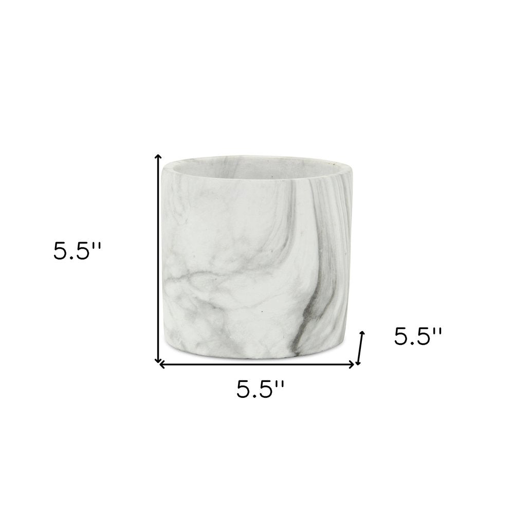 6" White and Gray Marbleized Ceramic Indoor Outdoor Round Pot Planter - 5.5" H x 5.5" W x 5.5" D. Outdoor planter isolated on a plain white background, showing a white ceramic surface.
