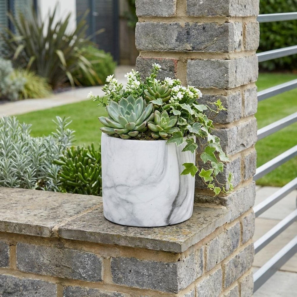 6" White and Gray Marbleized Ceramic Indoor Outdoor Round Pot Planter