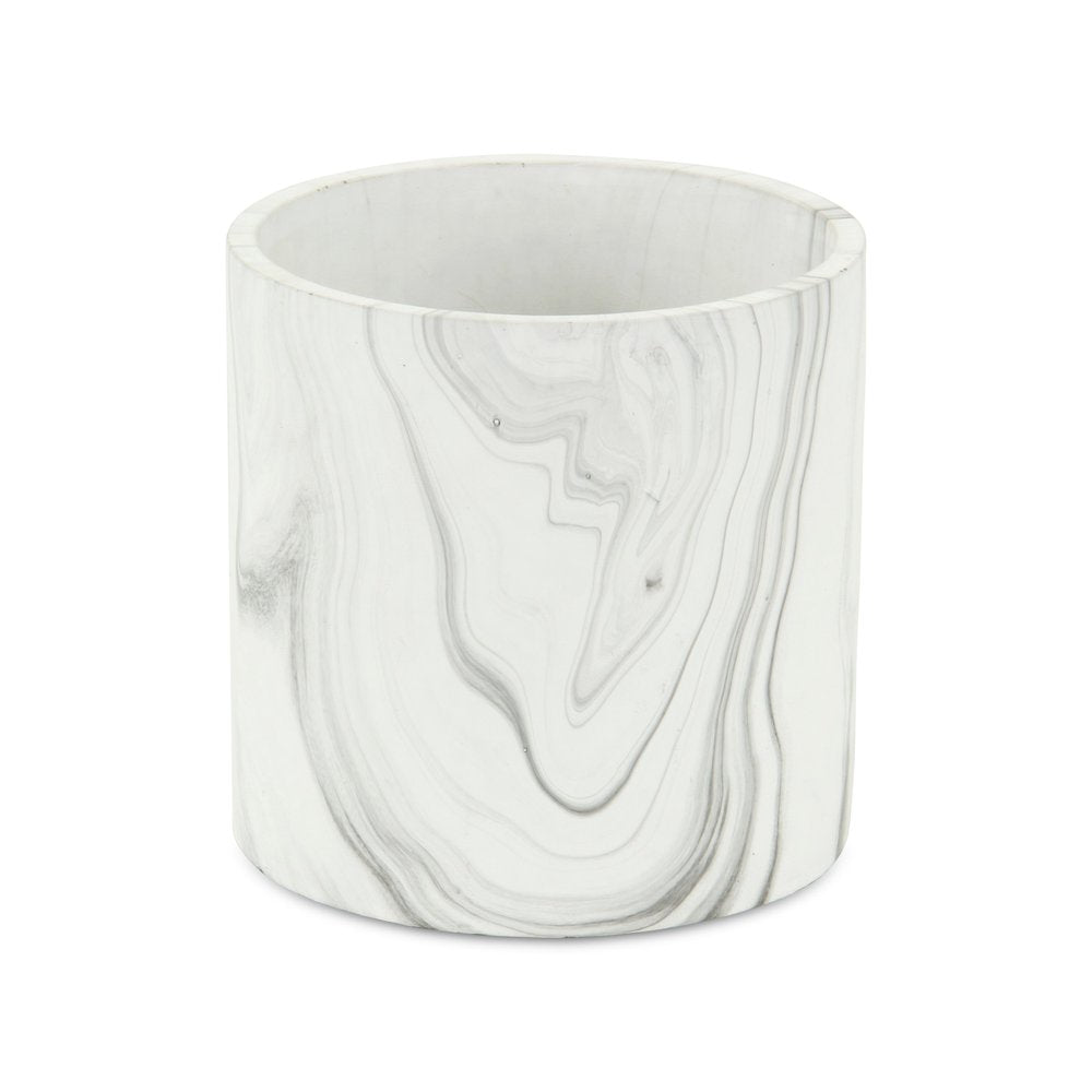 5" White and Gray Marbleized Ceramic Indoor Outdoor Round Pot Planter. Planter isolated on a plain white background, finished in white ceramic.