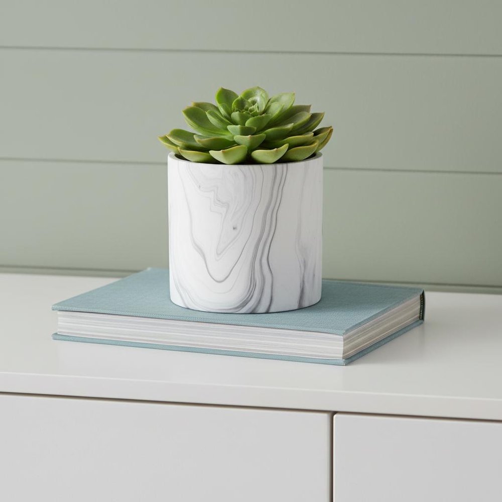 5" White and Gray Marbleized Ceramic Indoor Outdoor Round Pot Planter