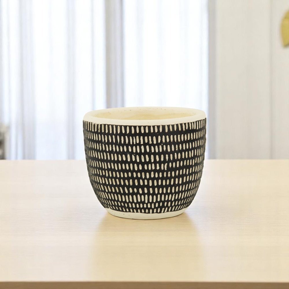 Black And White Ceramic 39 Ounce Dotted Round Distressed Pot Planter on a white background
