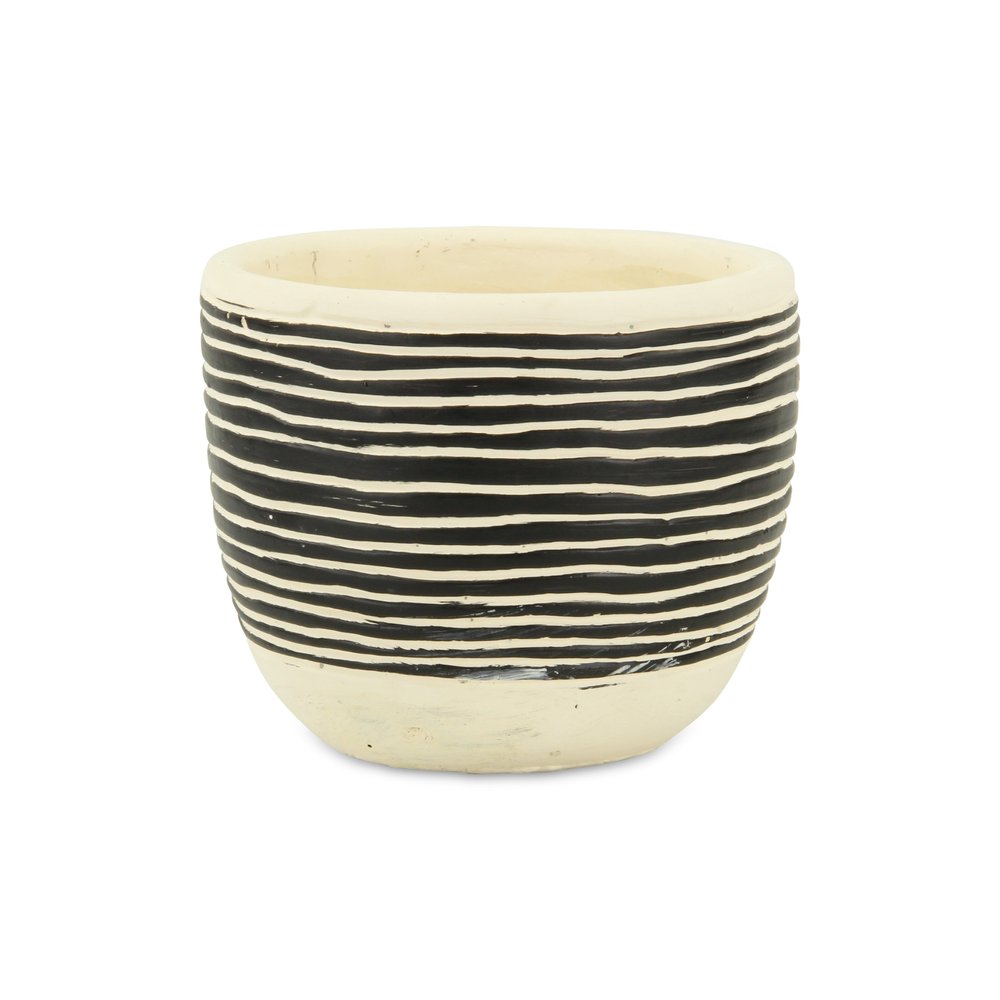 Black And White Ceramic 39 Ounce Striped Round Distressed Pot Planter