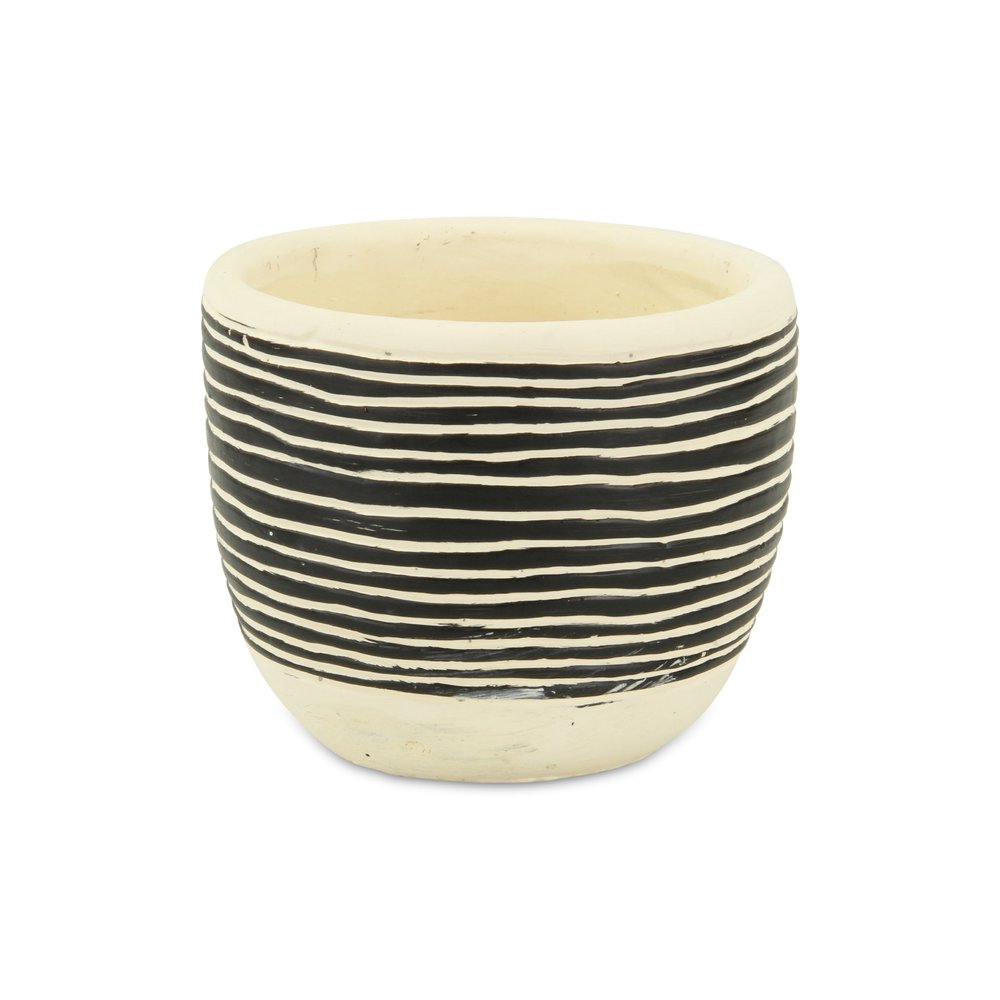 Black And White Ceramic 39 Ounce Striped Round Distressed Pot Planter on a white background