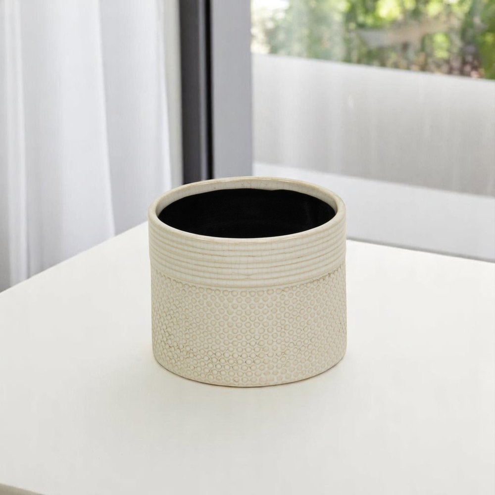 Off White Ceramic 42 Ounce Dotted Round Distressed Pot Planter