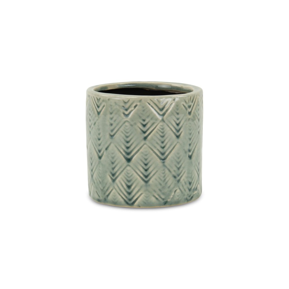 Green Ceramic 16 Ounce Geometric Round Distressed Pot Planter on a white background