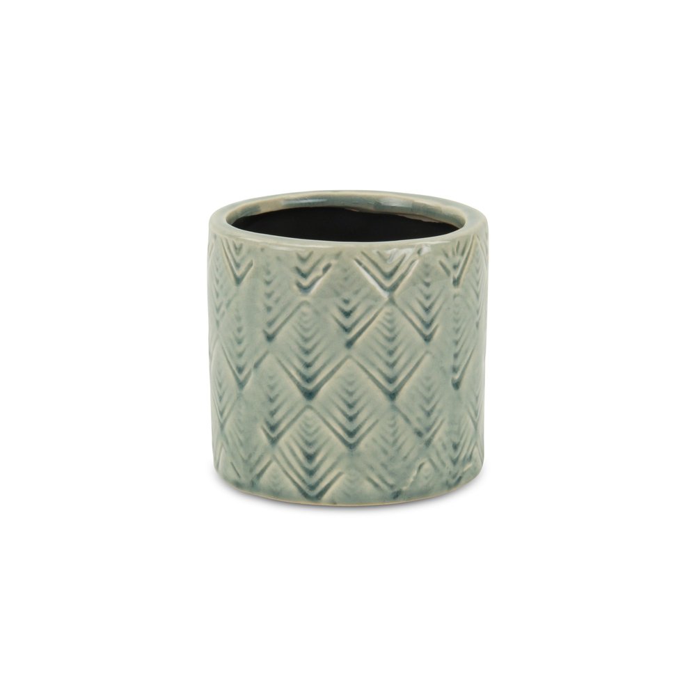 Green Ceramic 16 Ounce Geometric Round Distressed Pot Planter on a white background