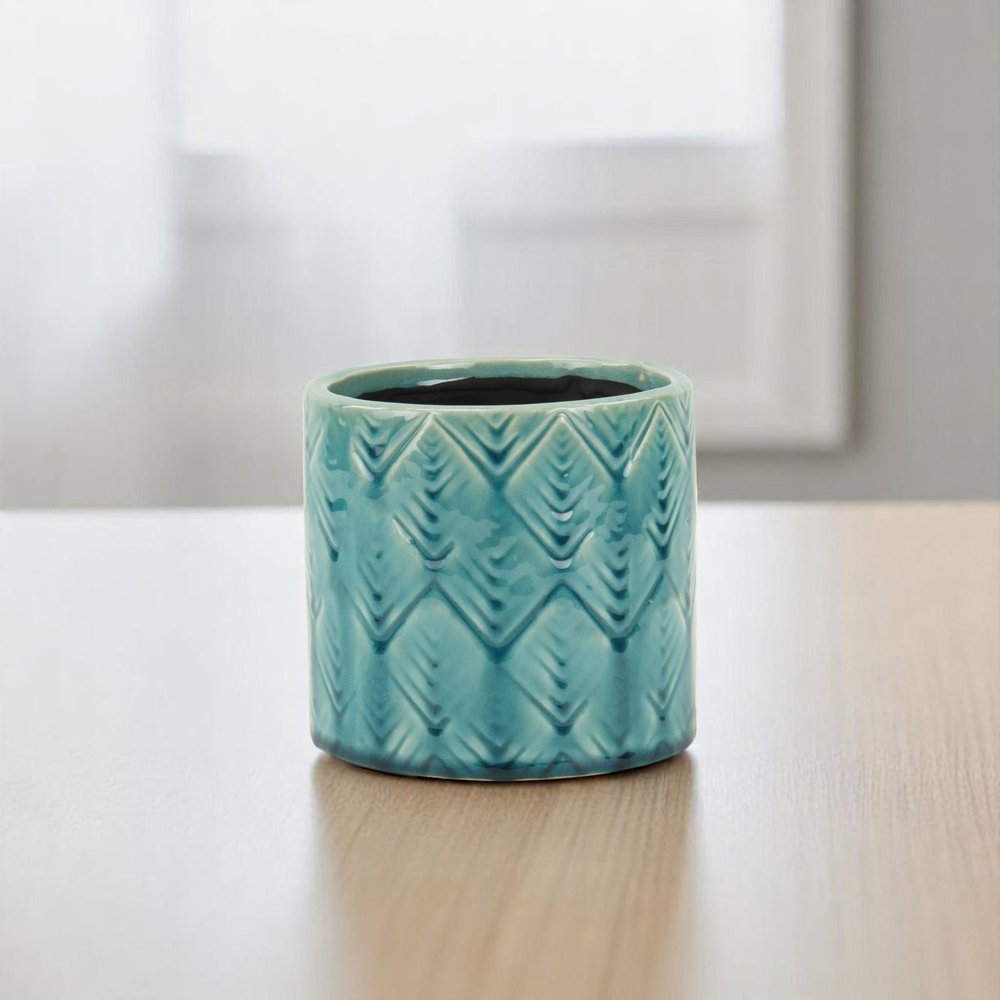 Turquoise Ceramic 22 Ounce Geometric Round Distressed Pot Planter close-up detail
