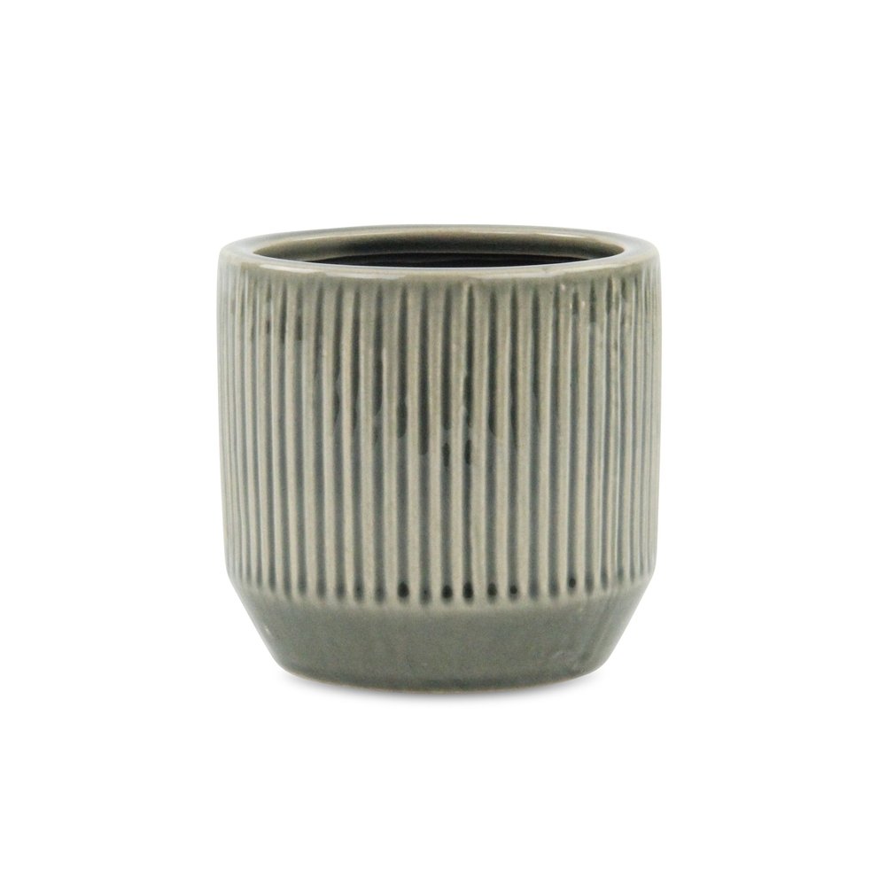 Gray Ceramic 17 Ounce Striped Round Distressed Pot Planter