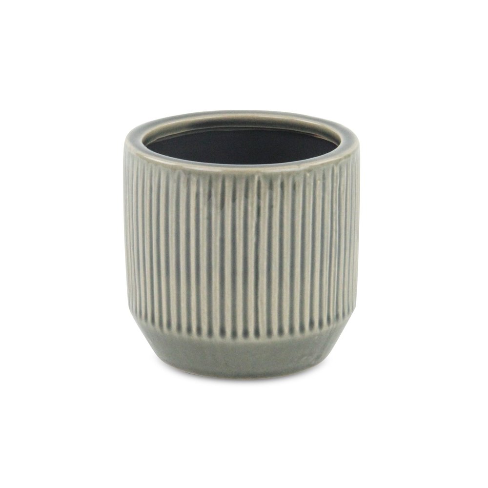 Gray Ceramic 17 Ounce Striped Round Distressed Pot Planter on a white background