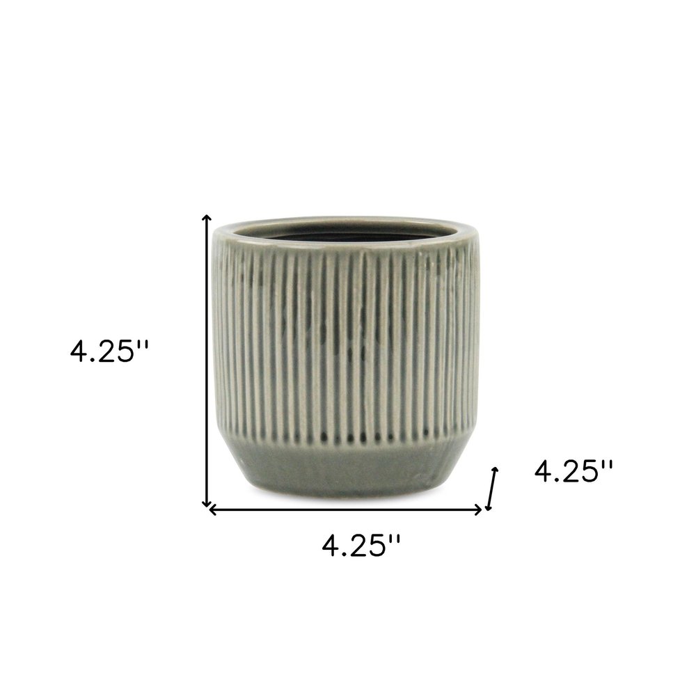 Gray Ceramic 17 Ounce Striped Round Distressed Pot Planter
