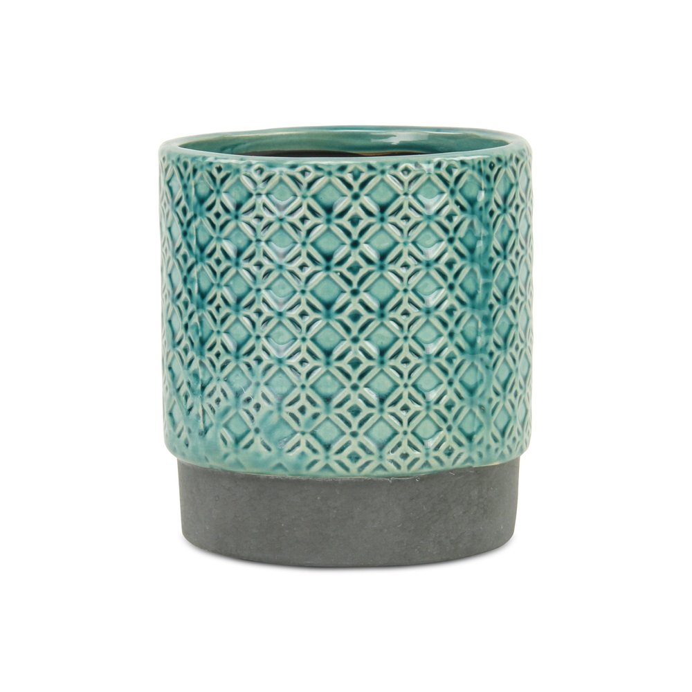 6" Turquoise Geometric Ceramic Indoor Outdoor Round Pot Planter. Outdoor planter isolated on a plain white background, in a teal ceramic finish.