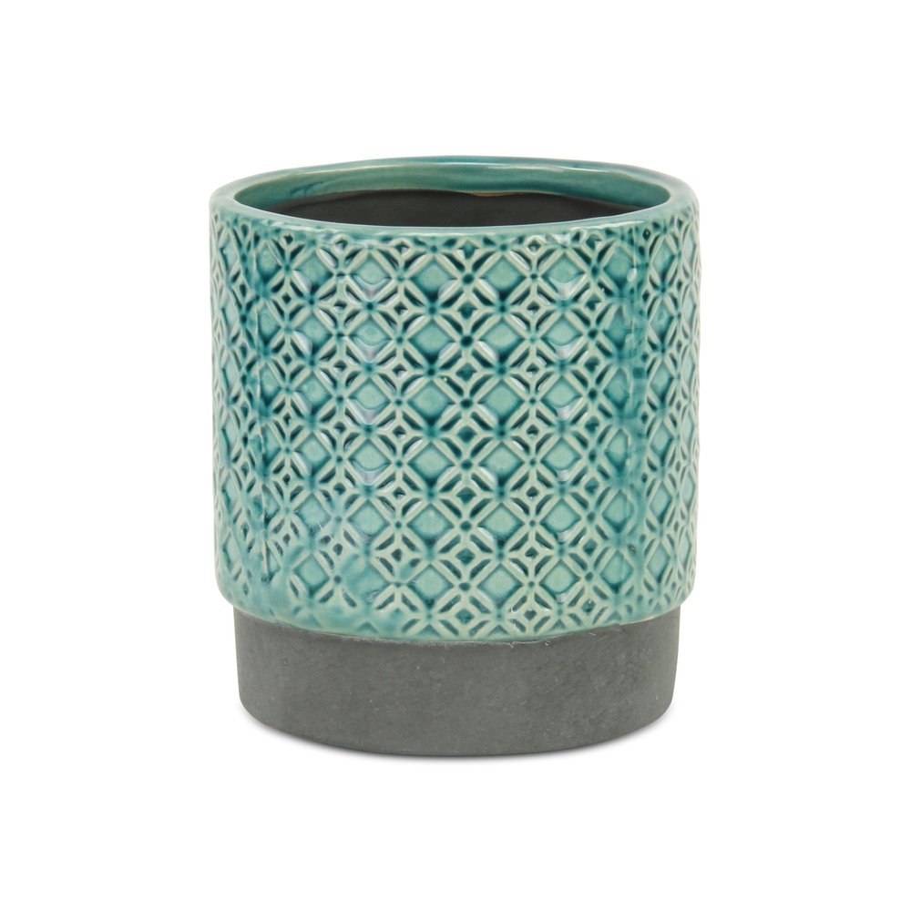6" Turquoise Geometric Ceramic Indoor Outdoor Round Pot Planter. Outdoor planter isolated on a plain white background, finished in teal ceramic.