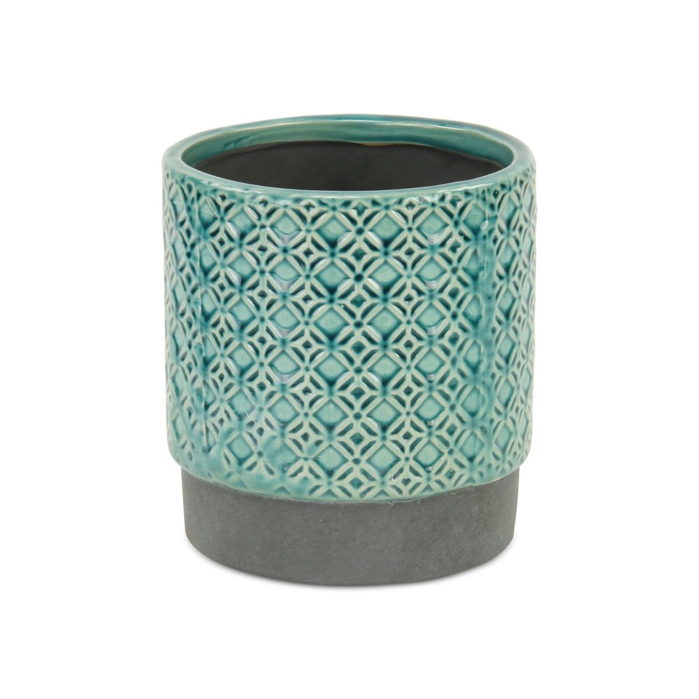 6" Turquoise Geometric Ceramic Indoor Outdoor Round Pot Planter. Outdoor planter isolated on a plain white background, showing a teal ceramic surface.