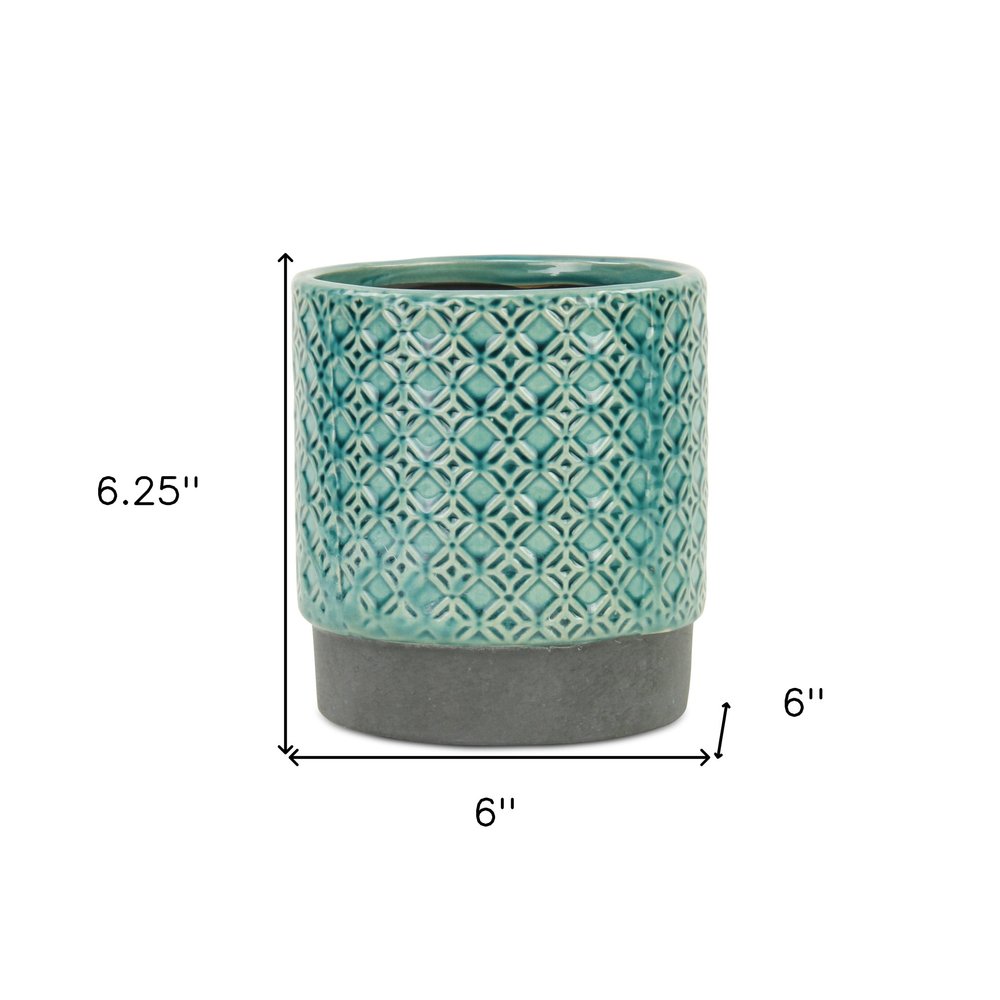 6" Turquoise Geometric Ceramic Indoor Outdoor Round Pot Planter. Outdoor planter isolated on a plain white background, showing a teal ceramic surface.