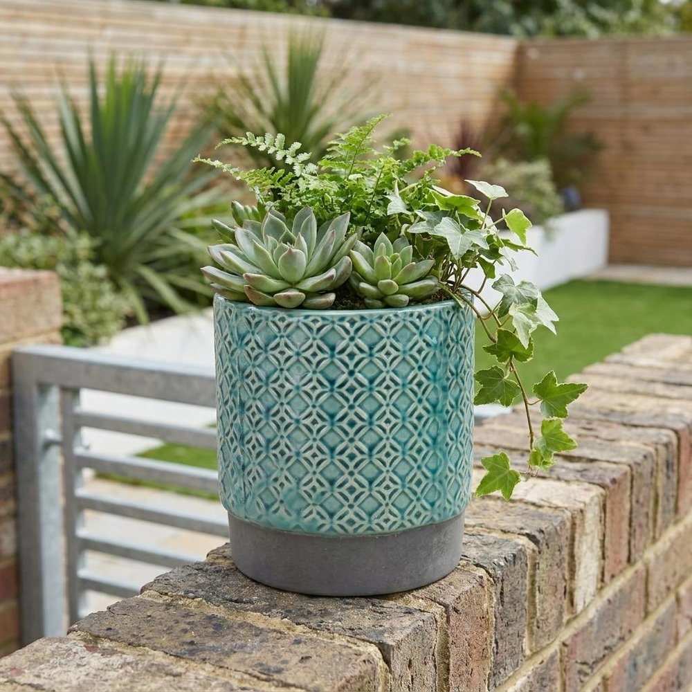 6" Turquoise Geometric Ceramic Indoor Outdoor Round Pot Planter