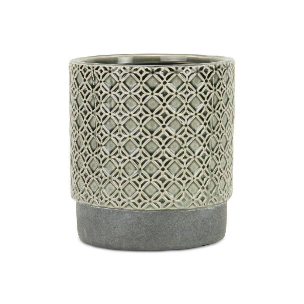 6" Gray Geometric Ceramic Indoor Outdoor Round Pot Planter. Outdoor planter isolated on a plain white background, finished in gray ceramic.