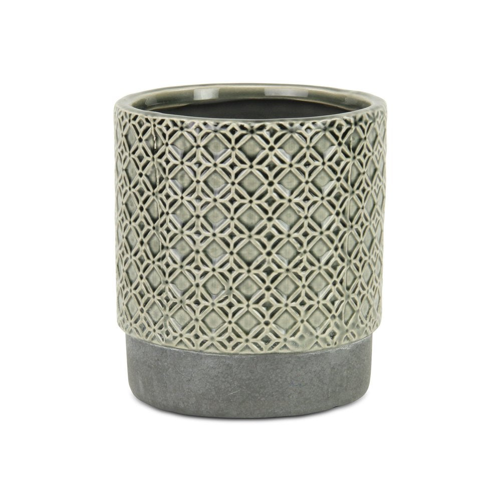 6" Gray Geometric Ceramic Indoor Outdoor Round Pot Planter. Outdoor planter isolated on a plain white background, showing a gray ceramic surface.