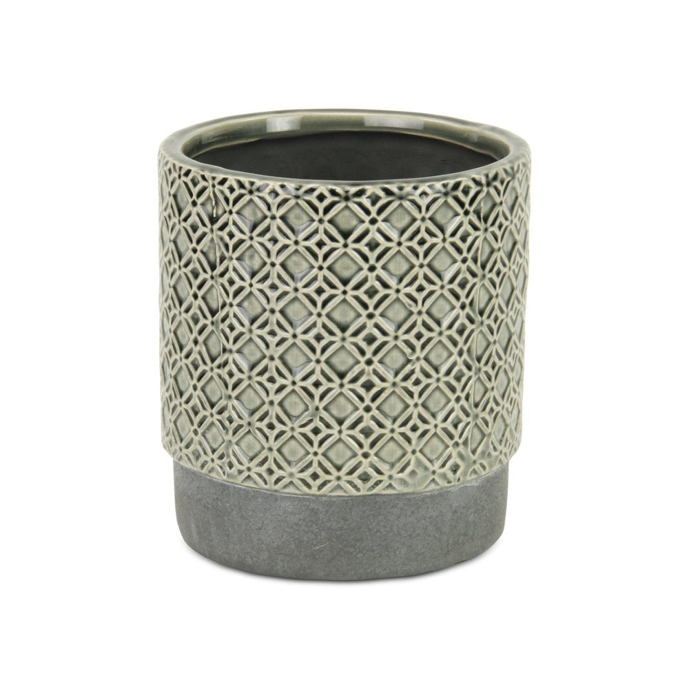6" Gray Geometric Ceramic Indoor Outdoor Round Pot Planter. Outdoor planter isolated on a plain white background, finished in gray ceramic.